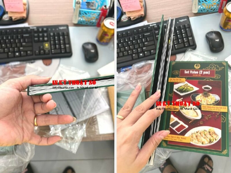 Menu bìa bồi, ruột bồi thẳng giấy C300gsm, cán mờ 2 mặt, dán gáy hoàn chỉnh - In Kỹ Thuật Số Since 2006 - Ảnh: 1