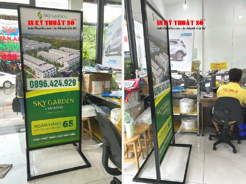 Standee PP cán format gắn khung sắt có khe thay poster banner kích thước 80cm - 200cm với chân cách đất 20cm - In Kỹ Thuật Số Since 2006