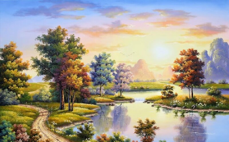 Tranh vẽ 3D phong cảnh bình minh làm tranh dán tường, tranh treo tường trang trí tuyệt đẹp