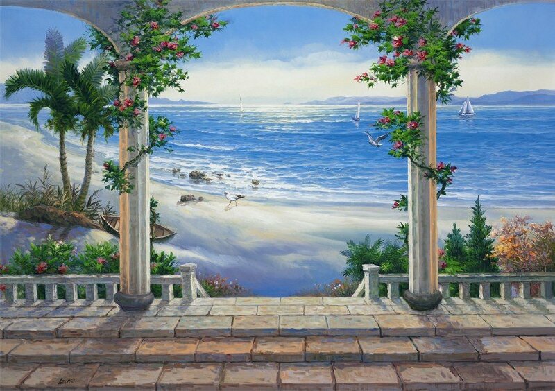 Tranh 3D phong cảnh bình minh trên biển tuyệt đẹp