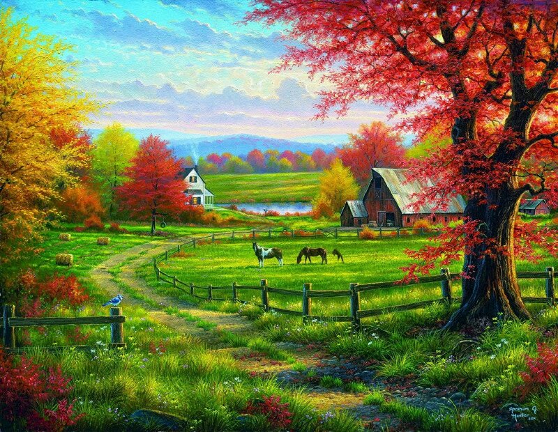 Tranh đồng quê nông trại vui vẻ, thanh bình