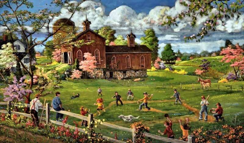 Tranh ngôi làng nhỏ, đám trẻ nô đùa dưới nhà thờ