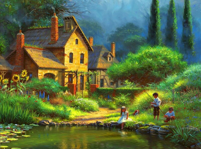 Trang đồng quê nơi ngôi làng nhỏ có đám trẻ đng câu cả và chơi đùa