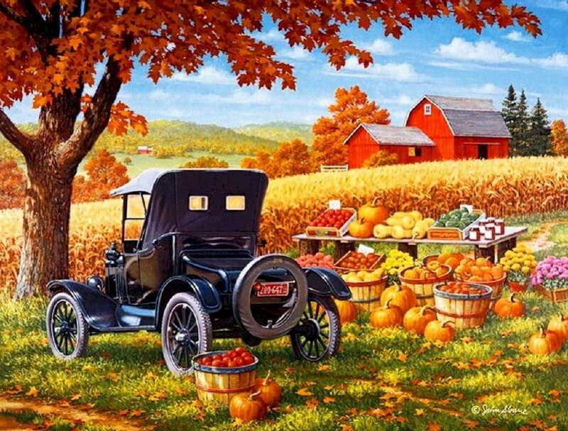 Tranh ngôi làng quê vắng vẻ mùa lúa mạch