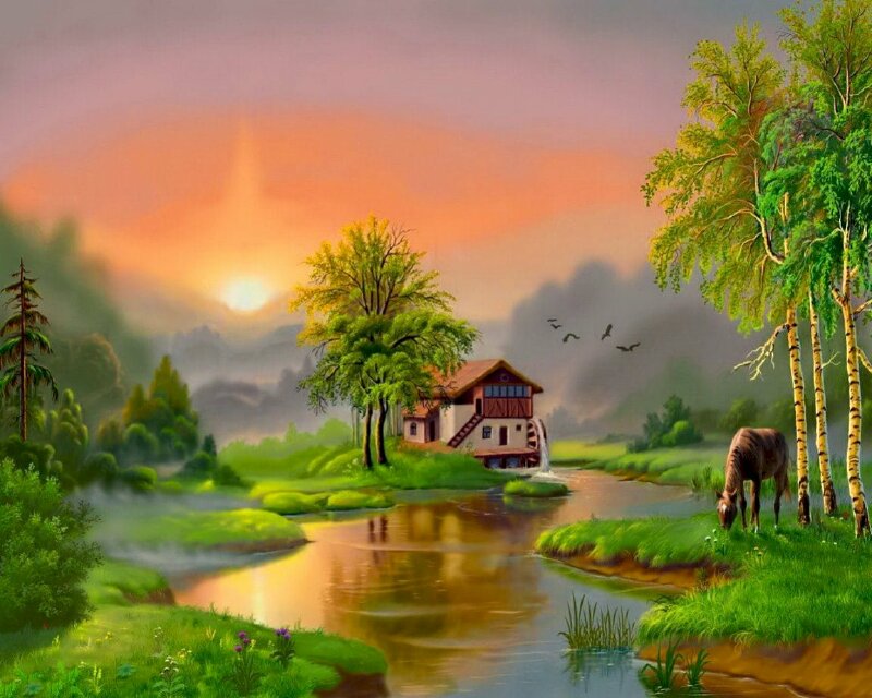 Tranh làng quê dưới ánh hoàng hôn 