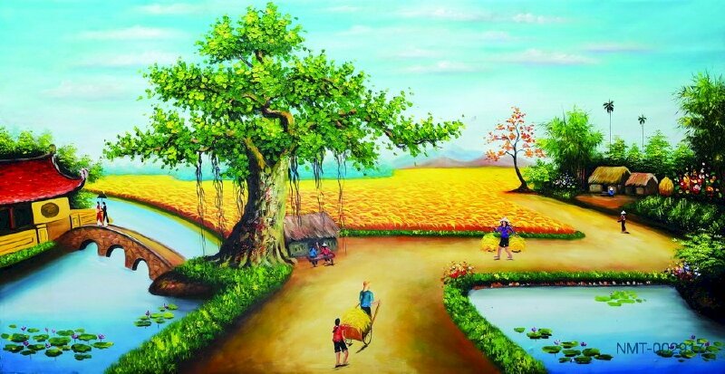 Tranh cảnh quê hương miền Bắc Việt Nam thanh bình