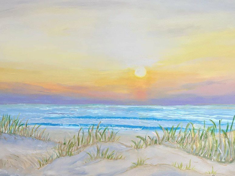 Tranh vẽ nghệ thuật bờ biển khi bình minh lên