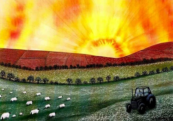 Tranh phong cảnh mặt trời mọc trên cánh đồng