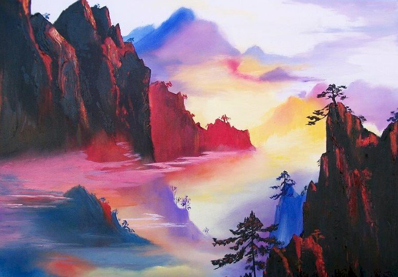 Tranh phong cảnh bình minh trên núi tuyệt đẹp