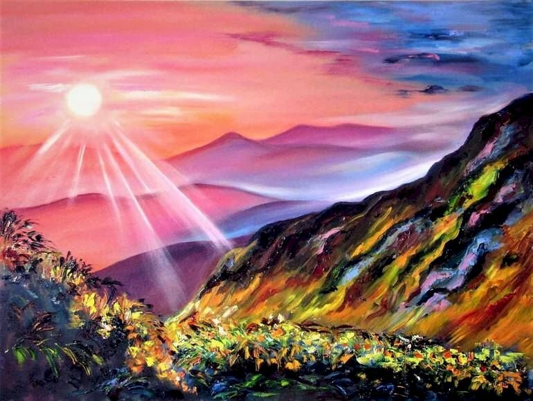 Tranh vẽ phong cảnh bình minh trên những ngọn núi với màu sắc ấn tượng, độc đáo