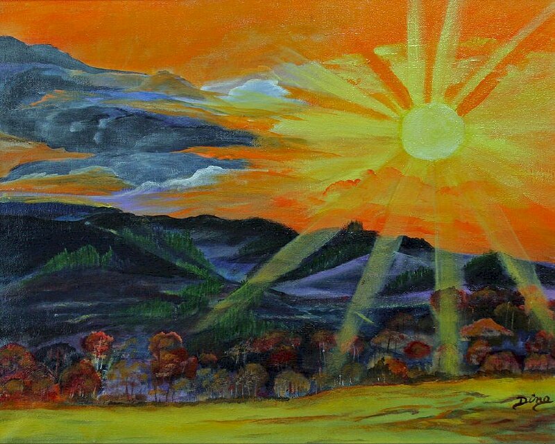 Tranh treo tường đẹp phong cảnh bình minh rực rỡ trên những ngọn núi