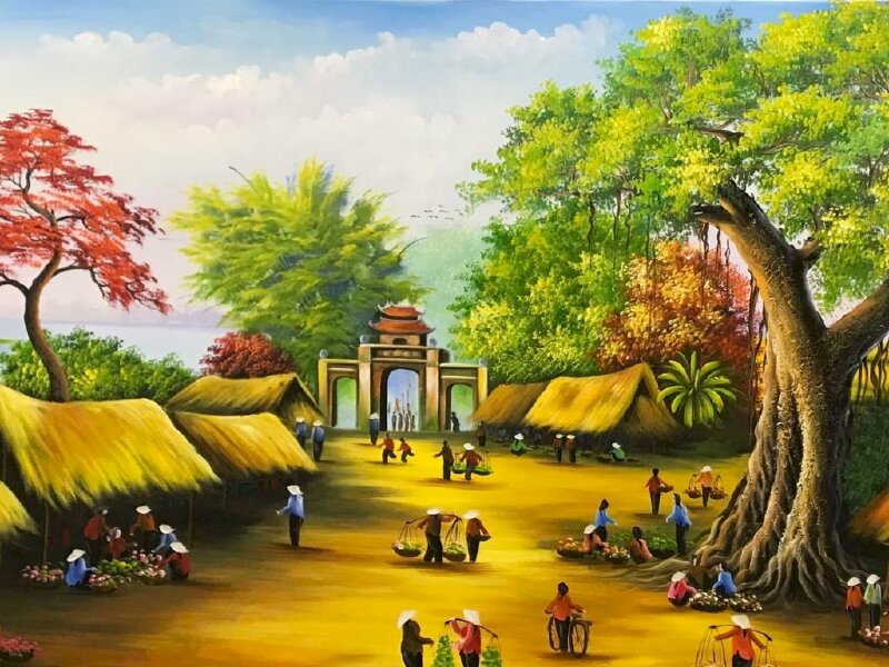 Tranh phong cảnh làng quê tại một khu chợ huyện 