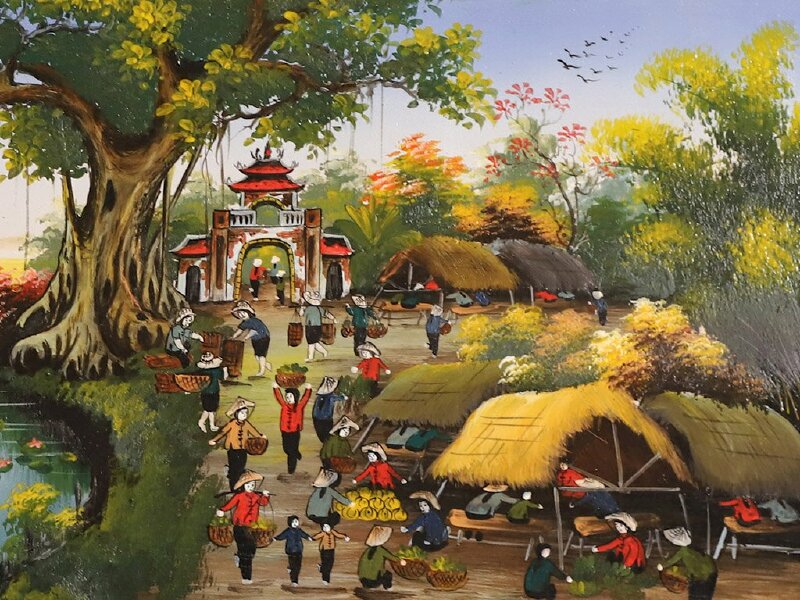 Tranh phong cảnh chợ huyện tấp nập người qua lại