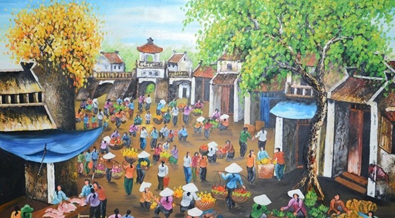 Tranh phong cảnh chợ quê tấp nập