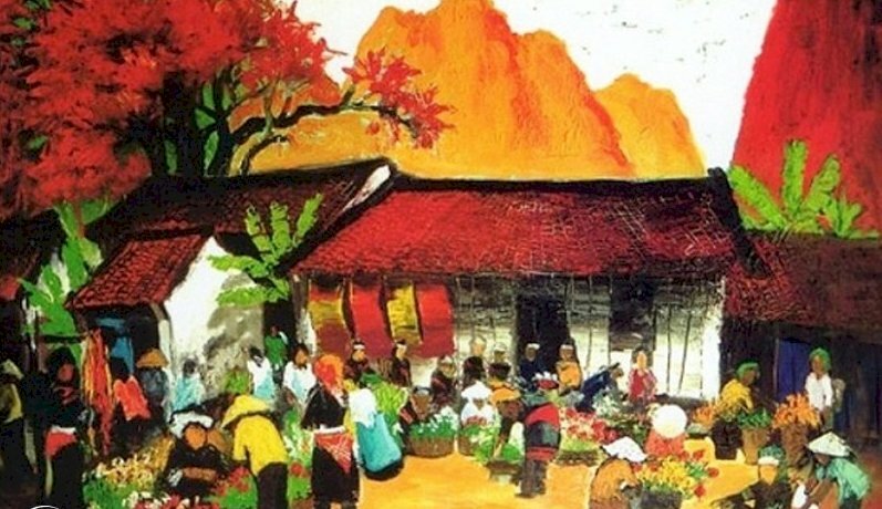 Tranh phong cảnh làng quê chợ huyện đông vui
