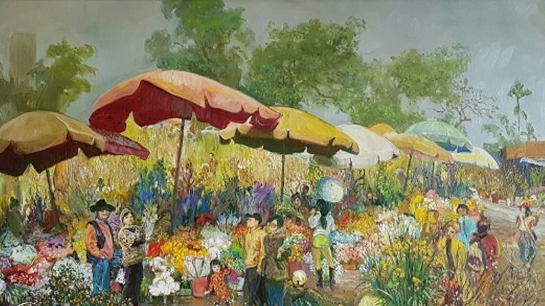 Tranh phong cảnh làng quê chợ huyện những ngày giáp Tết tại Việt Nam