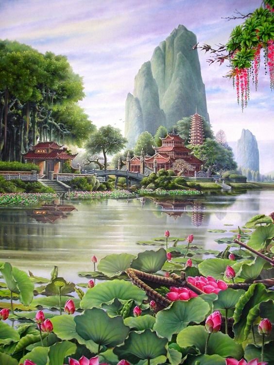 Tranh phong cảnh đầm sen phía xa là ngôi chùa cổ kính thanh bình và yên tĩnh