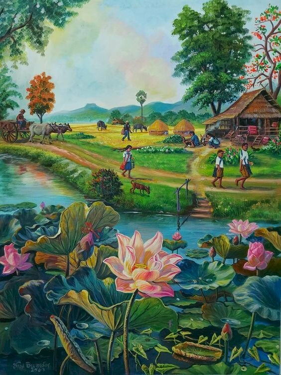 Tranh phong cảnh đầm sen tại một ngôi làng nhỏ