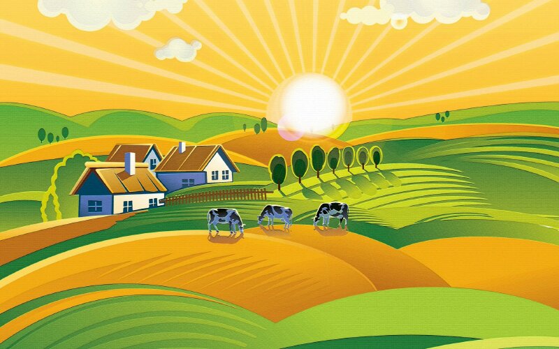 Tranh phong cảnh làng quê ngọn đồi nhấp nhô cánh đồng cỏ xanh ngát dưới ánh mặt trời