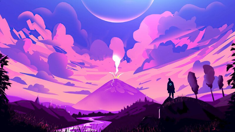 Tranh phong cảnh núi lửa bóc khói phía xa trên cánh rừng và dòng sông uốn lượn dài vô tận