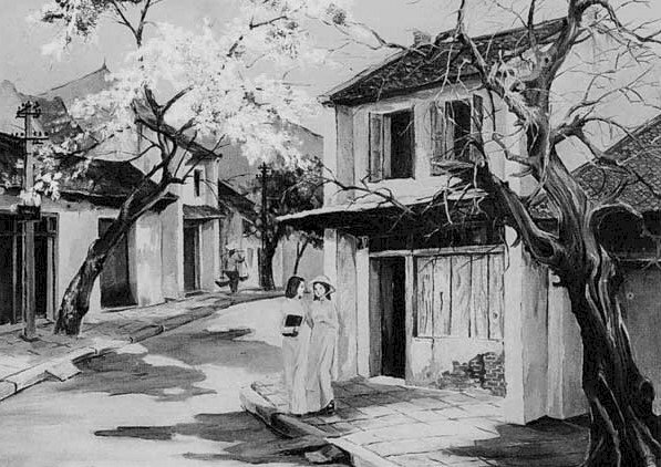 Tranh vẽ phố cổ Hà Nội màu đen trắng thật đẹp