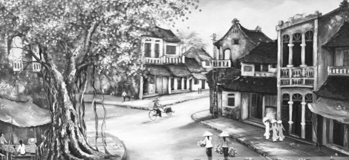 Tranh trang trí phong cảnh Hà Nội màu đen trắng thật đẹp