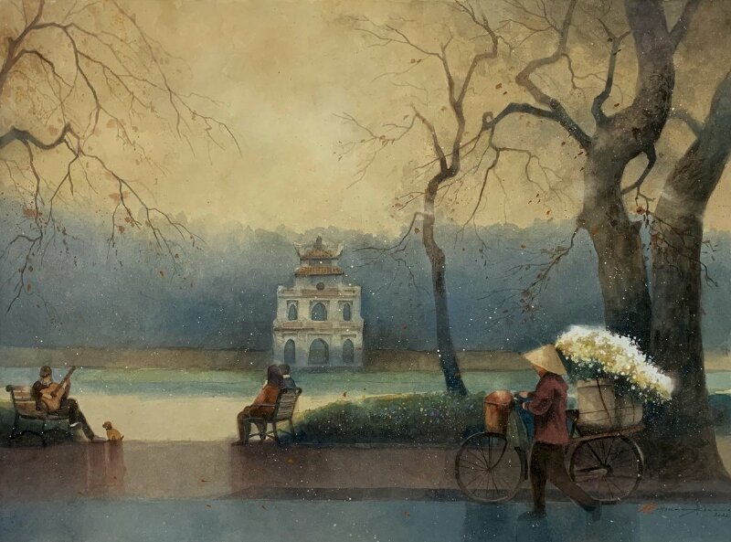 Tranh vẽ phong cảnh Hồ Gươm thật bình yên