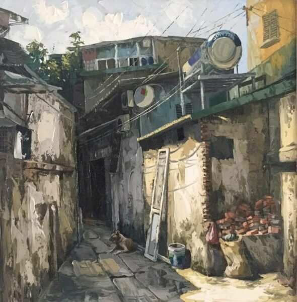 Tranh vẽ một góc phố Hà Nội quen thuộc