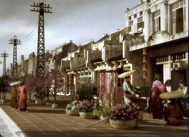 Tranh phong cảnh Hà Nội xưa đẹp mê hồn với không khí chợ tết trên khu phố cổ