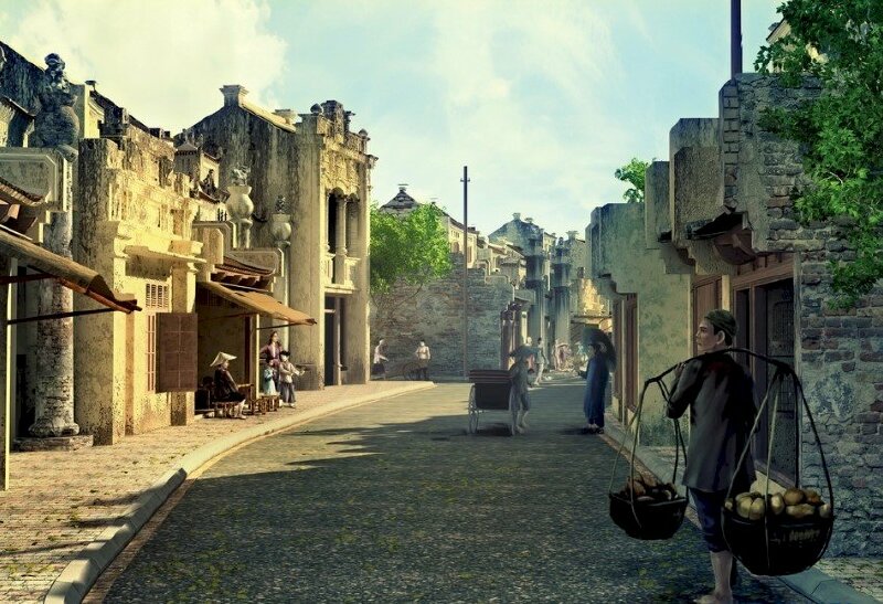 Tranh phong cảnh một con phố nhỏ Hà Nội xưa với vẻ đẹp cổ kính, yên bình