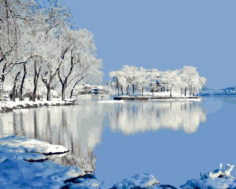 Tranh vẽ hồ nước mùa đông với tuyết phủ trắng cành cây ven hồ tuyệt đẹp làm tranh treo tường