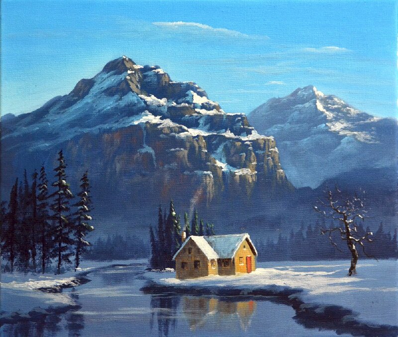 Tranh phong cảnh hồ nước mùa đông và ngôi nhà nhỏ ven hồ thật bình yên