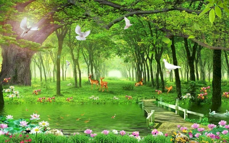 Tranh 3D dán tường phong cảnh hoa thật tươi mát