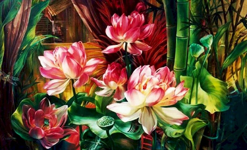 Tranh phong cảnh bó hoa sen chen chúc nhau nở rộ