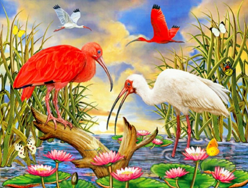Tranh phong cảnh hoa sen với bầy hạc tuyệt đẹp