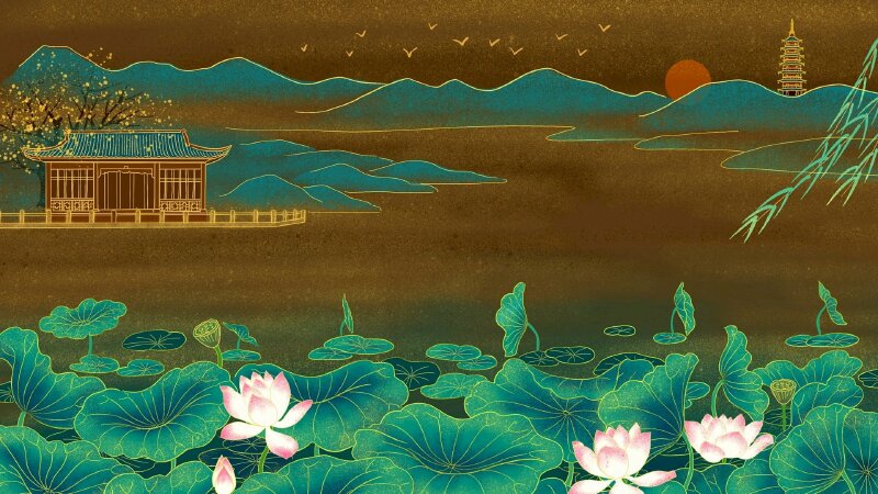 Tranh phong cảnh ao sen trước ngôi chùa yên tịnh