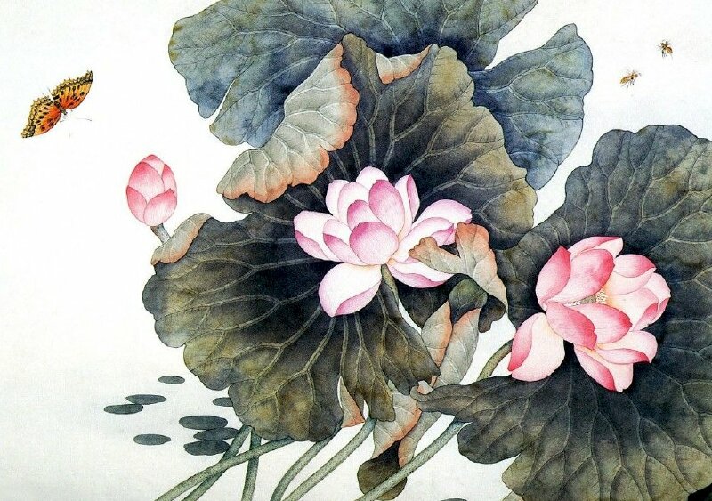 Tranh phong cảnh hoa sen đẹp có bướm và ong vây quanh