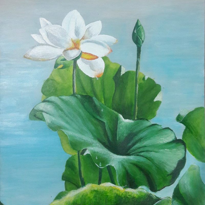 Tranh phong cảnh hoa sen trắng mang nghệ thuật phong thủy thanh tịnh, thanh khiết, yên bình, gần bùn mà chằng hôi tanh mùi bùn