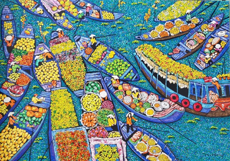 Tranh vẽ chợ nổi ngày tết