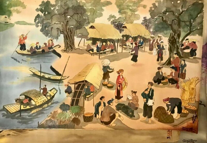 Tranh vẽ chợ phiên ngày tết