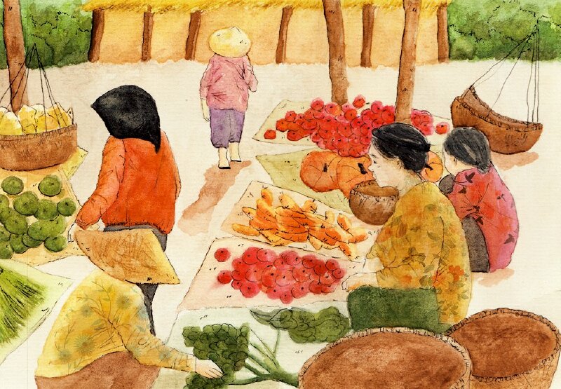 Tranh vẽ chợ tết đơn giản đẹp