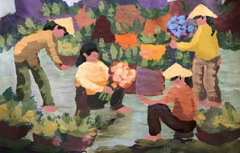 Tranh sơn dầu chợ hoa ngày tết