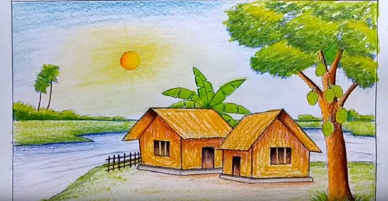 Tranh phong cảnh chồi tranh vách đất của học sinh