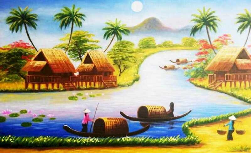 Tranh vẽ quê hương Việt Nam với hình ảnh người phụ nữ tần tảo sớm hôm làm việc vất vã