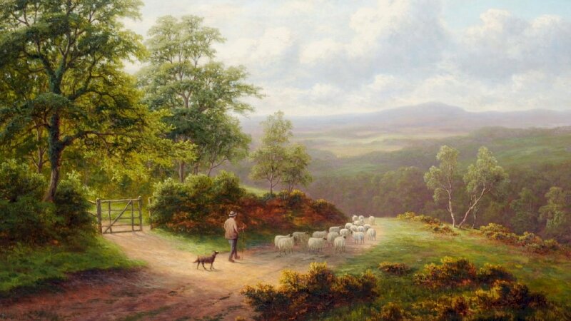 Tranh làng quê với người đàn ông chăn cừu cùng chú chó theo sau