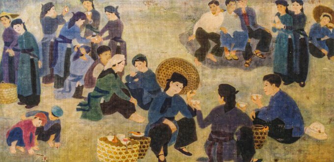 Tranh phong cảnh ngày xuân bạn bè vui họp mặt