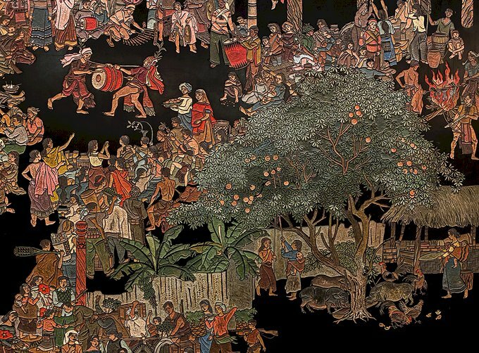 Tranh phong cảnh lễ hội vui tươi ngày tết ở một buôn làng Tây Nguyên