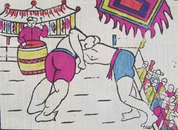 Tranh phong cảnh lễ hội đấu vật mừng xuân