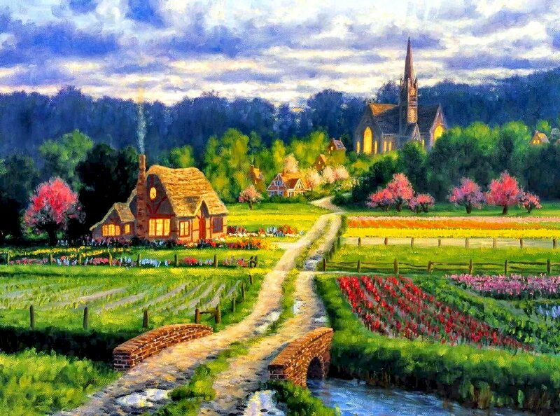 Tranh phong cảnh miền quê có vườn rau rộng lớn