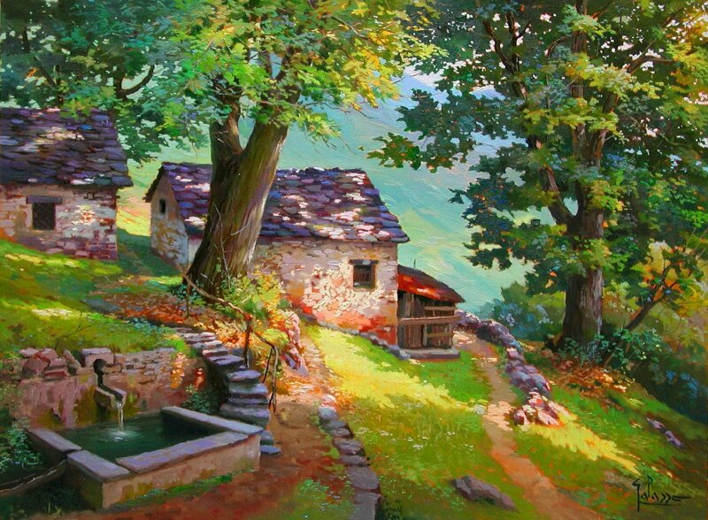 Tranh phong cảnh làng quê tại một ngôi làng nhỏ trên đồi